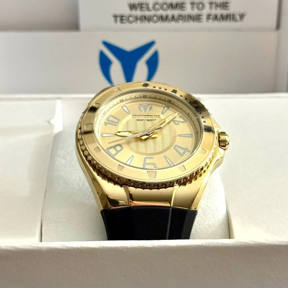 TechnoMarine Lusso Mare Gold Tone Watch Black Silicone Strap NWT